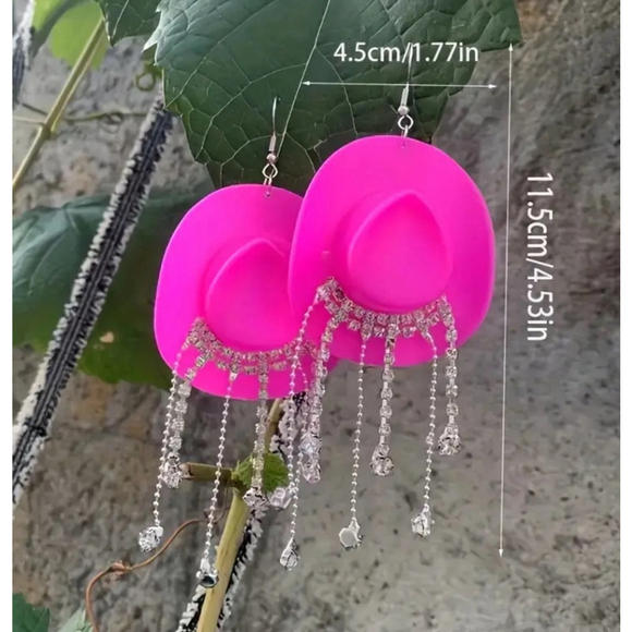 Pink Cowboy Hat Rhinestone Dangle Earrings - Picture 4 of 4